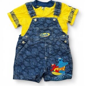 Vintage Sesame Street Surf shortalls 2 piece set Elmo Cookie Monster beach 2T